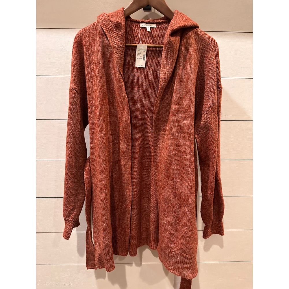 Maurices Womens Rust Orange Marled Hooded Cardigan Sweater Belted Medium NWT